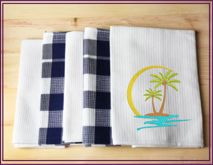 Tropical Island Machine Embroidery Design – Palm Tree Sunset Beach Scene – Coastal Paradise Design in 8 Sizes (0293)