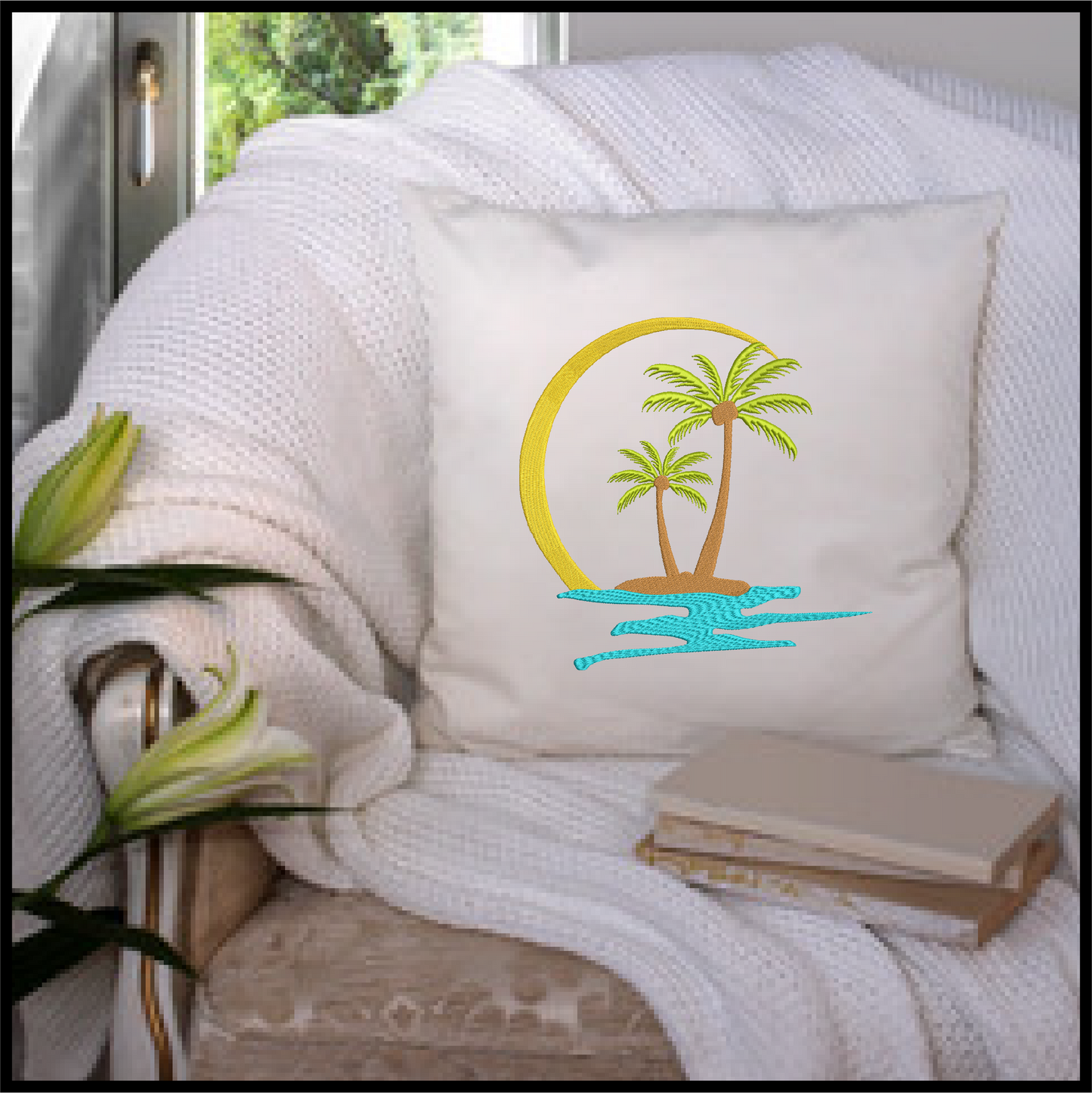 Tropical Island Machine Embroidery Design – Palm Tree Sunset Beach Scene – Coastal Paradise Design in 8 Sizes (0293)