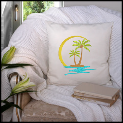 Tropical Island Machine Embroidery Design – Palm Tree Sunset Beach Scene – Coastal Paradise Design in 8 Sizes (0293)