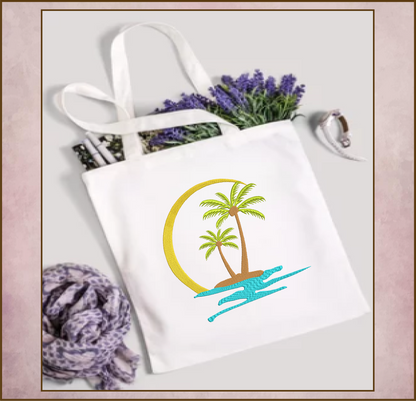 Tropical Island Machine Embroidery Design – Palm Tree Sunset Beach Scene – Coastal Paradise Design in 8 Sizes (0293)