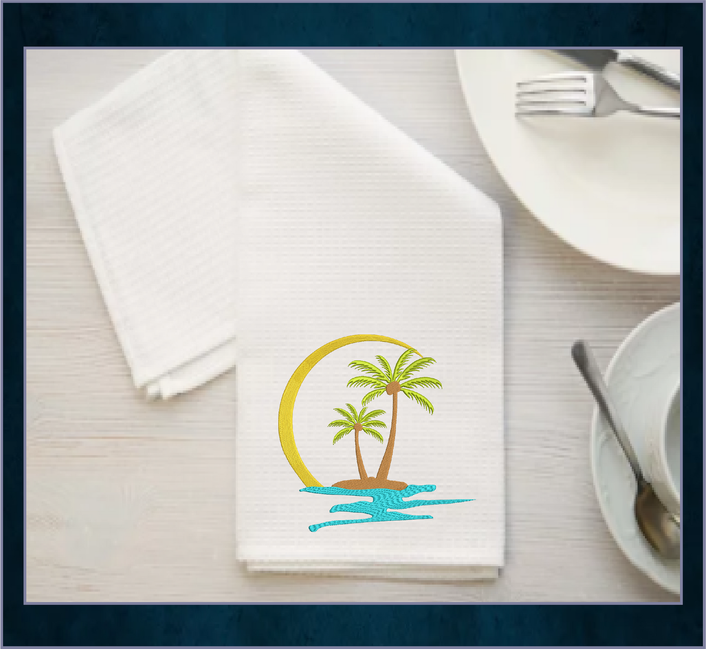 Tropical Island Machine Embroidery Design – Palm Tree Sunset Beach Scene – Coastal Paradise Design in 8 Sizes (0293)