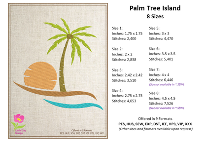 Tropical Island Machine Embroidery Design – Palm Tree & Sunset Patterns, 8 Sizes (0538)