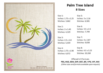 Tropical Island Machine Embroidery Design – Palm Tree & Sunset Patterns, 8 Sizes (0539)