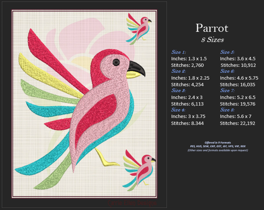 Parrot Machine Embroidery Design, Bird Embroidery Design, Tropical Jungle Bird Embroidery Design, Machine Embroidery Design, 8 Sizes (0113)