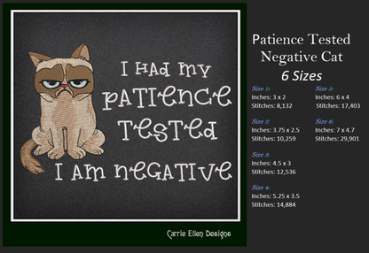 Grumpy Cat Machine Embroidery Design – Patience Tested Negative Sarcastic Funny Quote – 6 Sizes (1193)