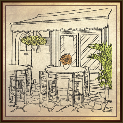 Patio Café Scene Machine Embroidery Design | Street Café Bistro Sketch | Restaurant City Landscape Design | 6 Sizes (0700)