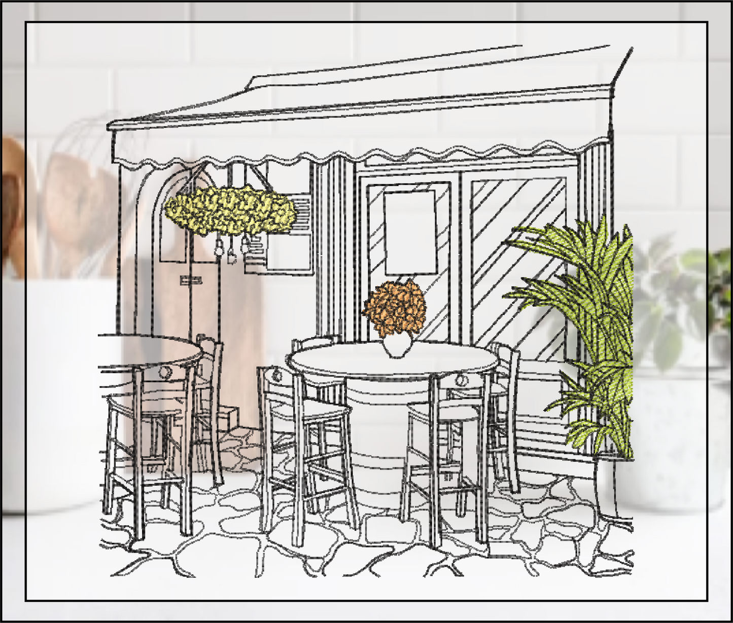 Patio Café Scene Machine Embroidery Design | Street Café Bistro Sketch | Restaurant City Landscape Design | 6 Sizes (0700)
