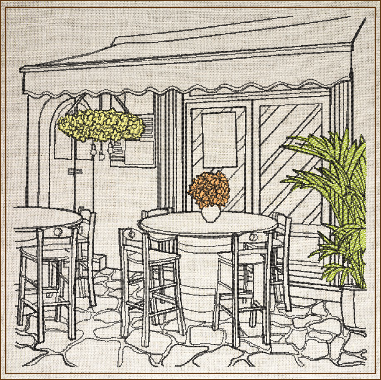 Patio Café Scene Machine Embroidery Design | Street Café Bistro Sketch | Restaurant City Landscape Design | 6 Sizes (0700)