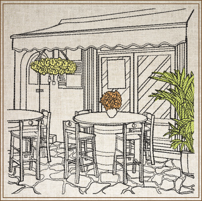 Patio Café Scene Machine Embroidery Design | Street Café Bistro Sketch | Restaurant City Landscape Design | 6 Sizes (0700)