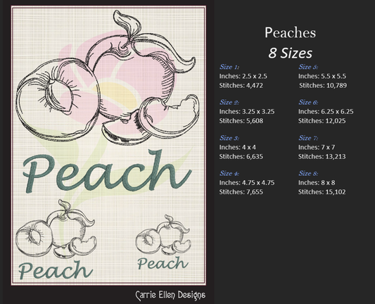 Fresh Peaches Machine Embroidery Outline Design | Summer Orchard Fruit Line Art | Fruit and Vegetables Embroidery Pattern | 8 Sizes (0956)