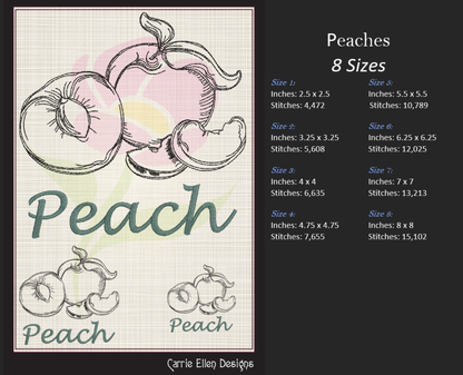 Fresh Peaches Machine Embroidery Design Bundle | Summer Fruit Embroidery | Orchard Fruits Design | 3 Designs, 8 Sizes Each (0966)