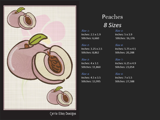 Fresh Peaches Machine Embroidery Design | Summer Fruit Embroidery | Orchard Fruits Design | 8 Sizes (0965)