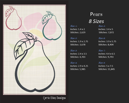 Fresh Pears Machine Embroidery Design | Orchard Fruits Outline | Summer Fruit Embroidery | 8 Sizes (0968)