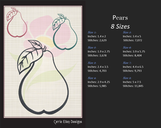 Fresh Pears Machine Embroidery Design | Orchard Fruits Outline | Summer Fruit Embroidery | 8 Sizes (0968)