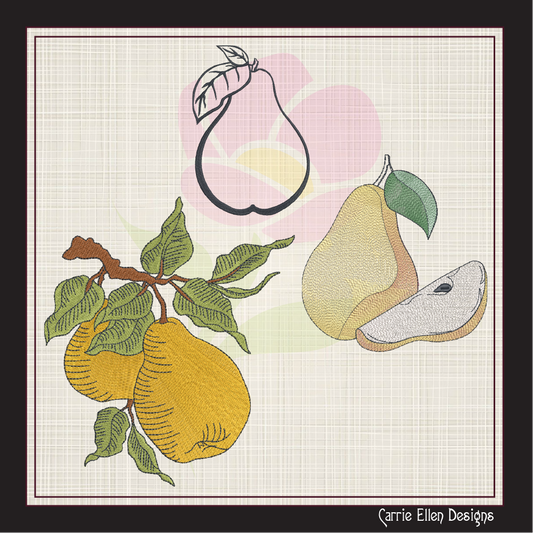 Fresh Pears Machine Embroidery Design Bundle | Summer Orchard Fruit Sketches | 3 Designs, 8 Sizes Each (0970)
