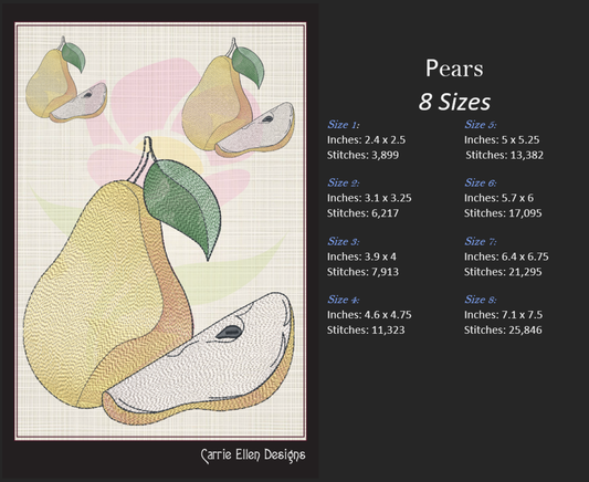 Fresh Pears Machine Embroidery Design Bundle | Summer Orchard Fruit Sketches | 3 Designs, 8 Sizes Each (0970)