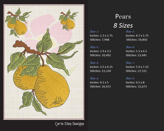 Fresh Pears Machine Embroidery Design | Summer Orchard Fruit Sketch | Farmhouse Kitchen Embroidery | 8 Sizes (0969)