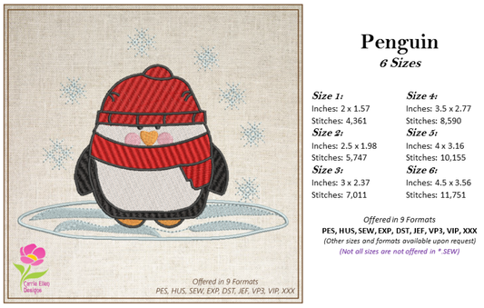Penguin Machine Embroidery Design, Penguin in the Cold Snow and Icy Pond Design, Seasonal Embroidery Design, 6 sizes (0373)