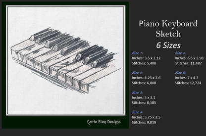 Piano Keyboard Machine Embroidery Design – Musical Instrument and Music Embroidery Pattern – 6 Sizes (1188)