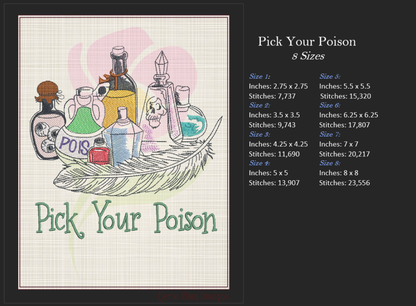 Pick Your Poison Machine Embroidery Design | Halloween Magic Potion Witches Brew | Spooky Embroidery Design | 8 Sizes (0897)