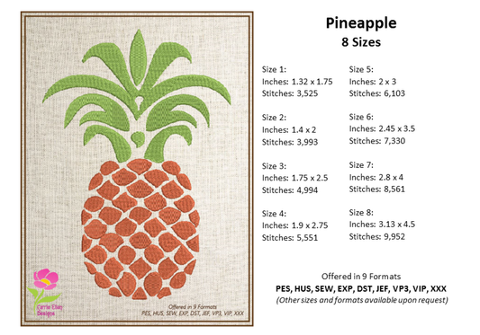 Pineapple Machine Embroidery Design Bundle | Summer Fruit Line Art Embroidery | Tropical Fruit Designs | 4 Designs, 8 Sizes Each (0875)