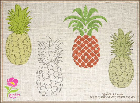 Pineapple Machine Embroidery Design Bundle | Summer Fruit Line Art Embroidery | Tropical Fruit Designs | 4 Designs, 8 Sizes Each (0875)