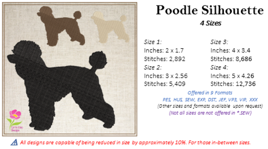 Poodle Silhouette Machine Embroidery Design | Elegant Dog Embroidery Pattern | Animal Embroidery Design | 4 Sizes (0576)