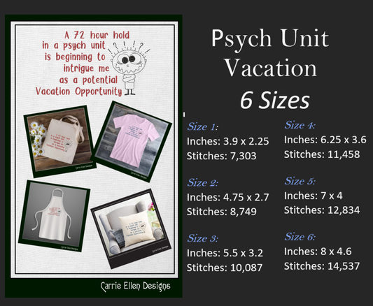 Psych Unit Vacation Machine Embroidery Design | Sarcastic Saying with Stick Figure in Straight Jacket | Funny Cynical Quote | 6 Sizes (1748)