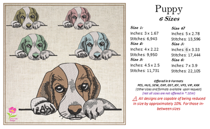 Puppy Machine Embroidery Design | Adorable Pet Dog Embroidery Pattern | Beagle Puppy Stitch File | 6 Sizes (0518)