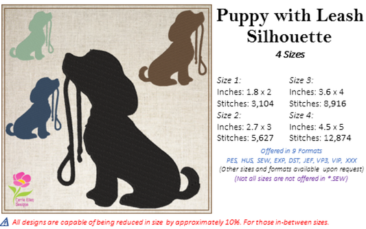 Puppy with Leash Silhouette Machine Embroidery Design | Pet Dog Animal Embroidery Design | 4 Sizes (0581)