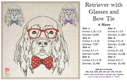 Retriever With Glasses Machine Embroidery Design | Cocker Spaniel Dog Wearing Glasses and Bow Tie | Cute Pet Embroidery Design | 8 Sizes (0801)