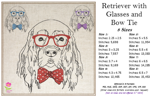Retriever With Glasses Machine Embroidery Design | Cocker Spaniel Dog Wearing Glasses and Bow Tie | Cute Pet Embroidery Design | 8 Sizes (0801)