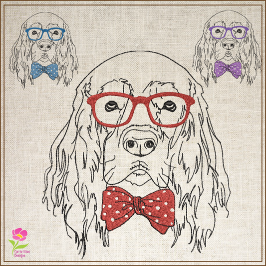 Retriever With Glasses Machine Embroidery Design | Cocker Spaniel Dog Wearing Glasses and Bow Tie | Cute Pet Embroidery Design | 8 Sizes (0801)