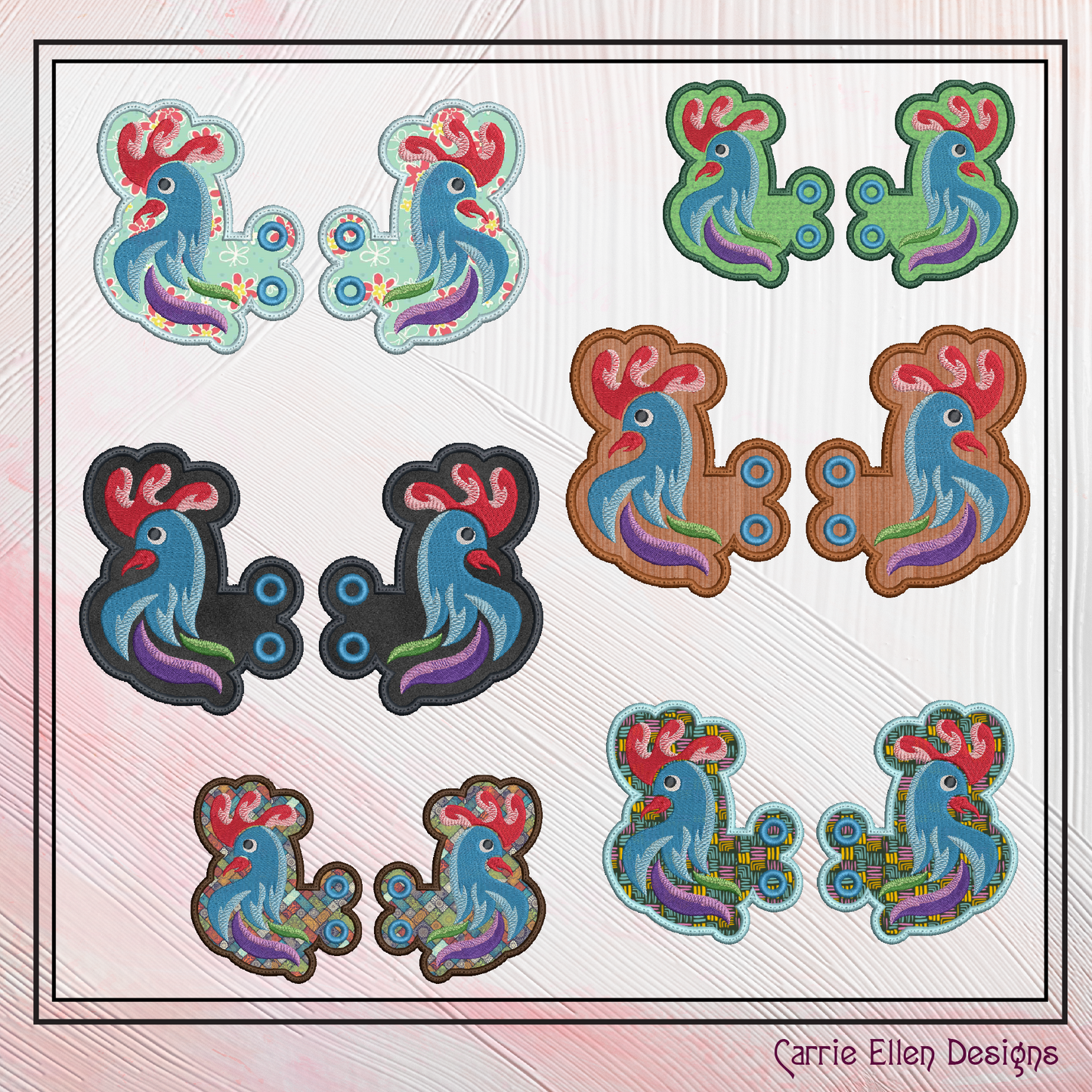 Rooster ITH Embroidery Design – Colorful Farm Bird Shoe Wings (4x4 & 5x7 Hoops) 2314