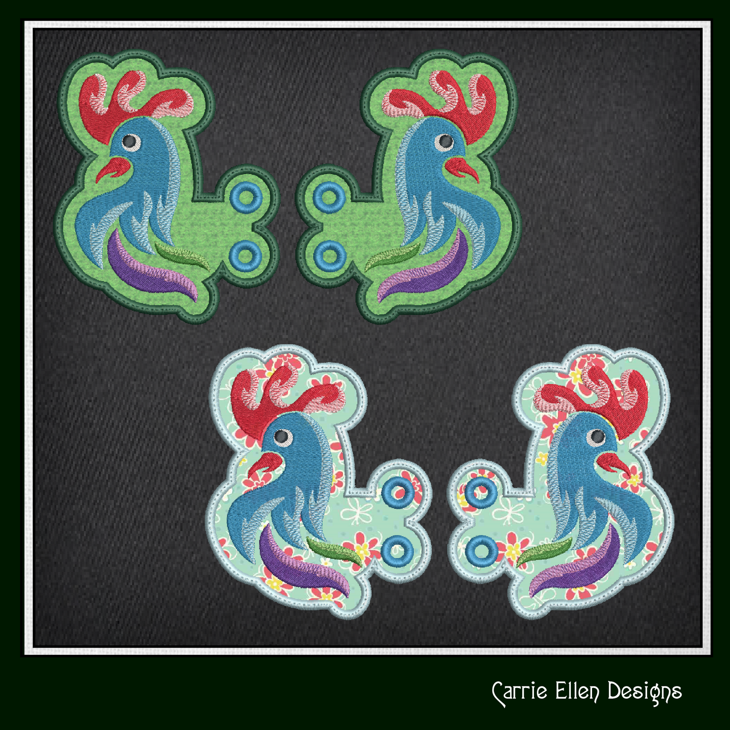 Rooster ITH Embroidery Design – Colorful Farm Bird Shoe Wings (4x4 & 5x7 Hoops) 2314