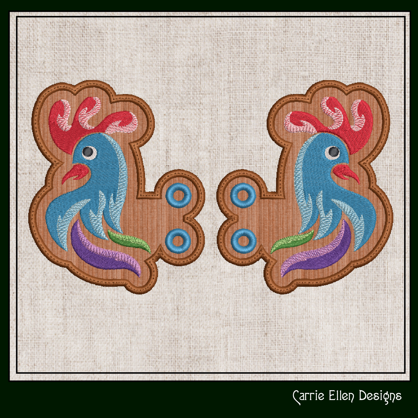 Rooster ITH Embroidery Design – Colorful Farm Bird Shoe Wings (4x4 & 5x7 Hoops) 2314