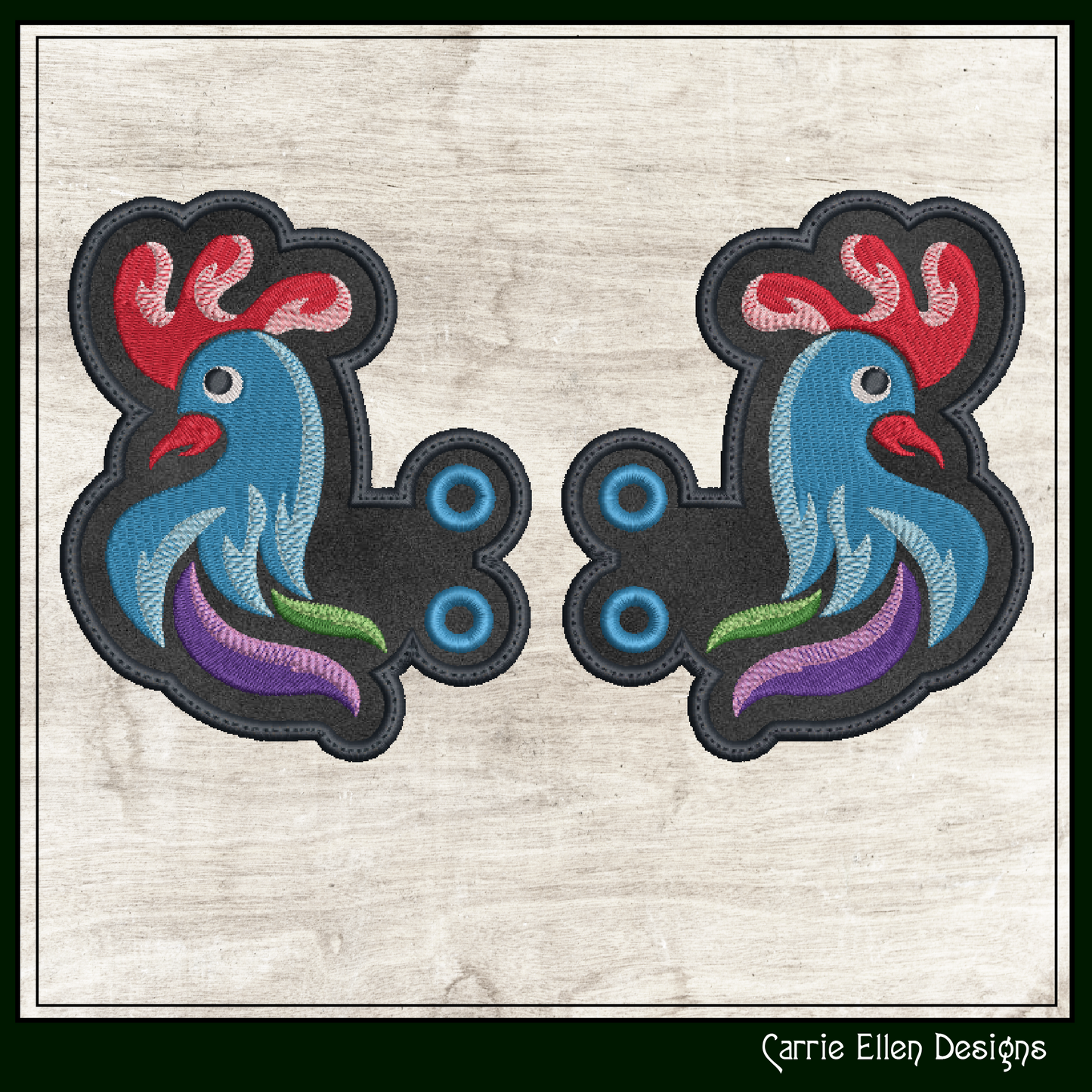 Rooster ITH Embroidery Design – Colorful Farm Bird Shoe Wings (4x4 & 5x7 Hoops) 2314