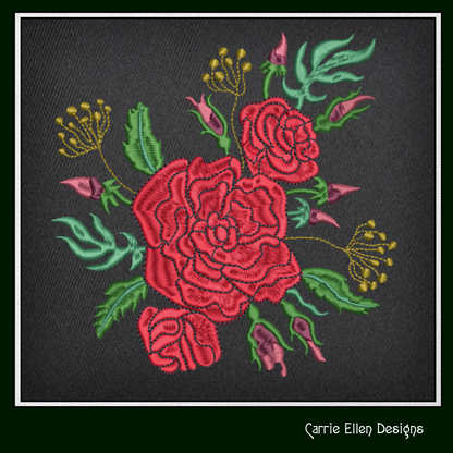 Roses Machine Embroidery Design – Red Floral Bouquet, Garden Flowers Pattern, 6 Sizes (1034)