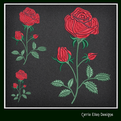 Roses Machine Embroidery Design – Single Red Rose Embroidery – Red Roses Garden Design – 6 Sizes (1036)