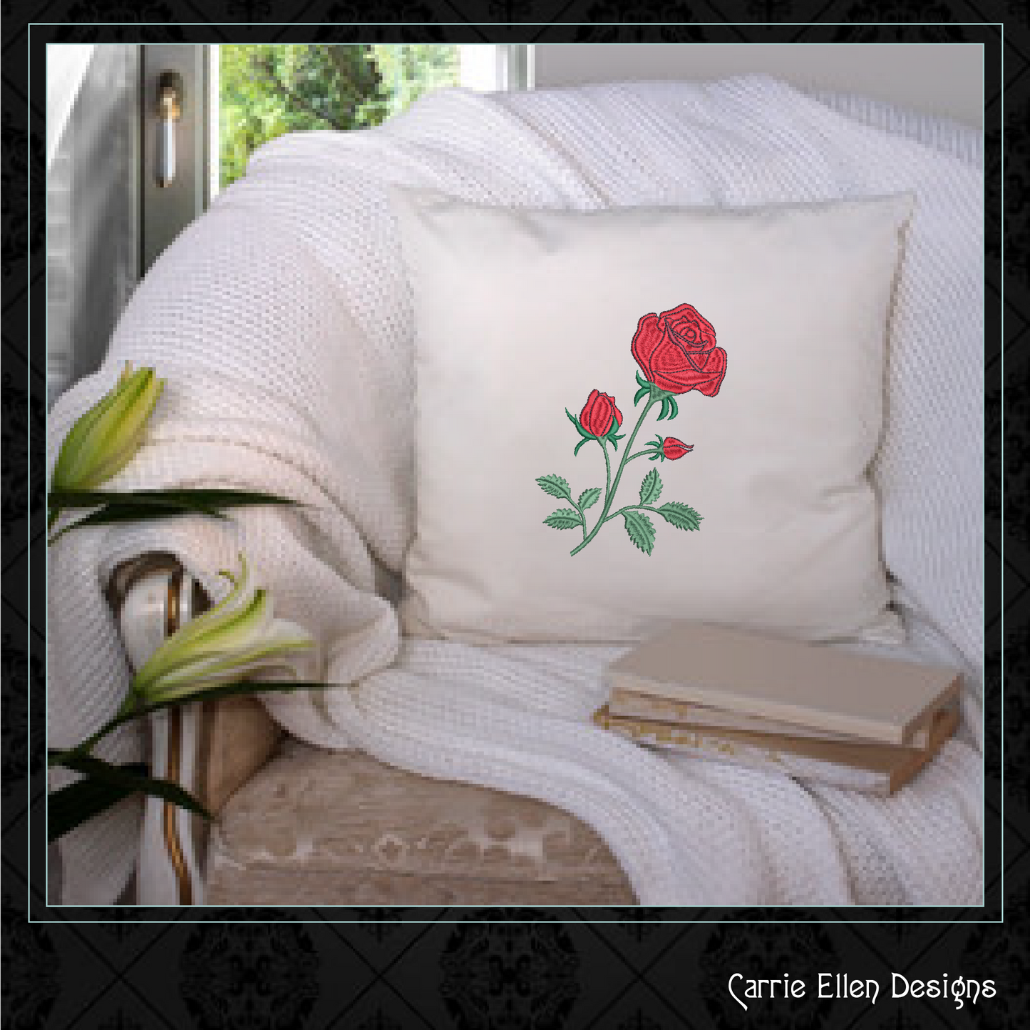 Roses Machine Embroidery Design – Single Red Rose Embroidery – Red Roses Garden Design – 6 Sizes (1036)