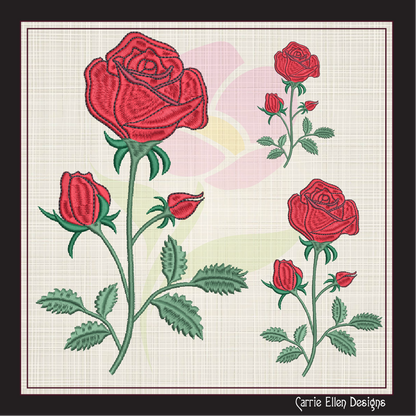 Roses Machine Embroidery Design – Single Red Rose Embroidery – Red Roses Garden Design – 6 Sizes (1036)