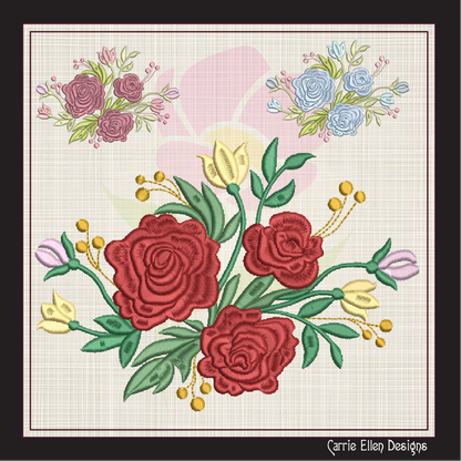 Roses Machine Embroidery Design – Floral Bouquet with Red Roses Garden, 6 Sizes (1038)