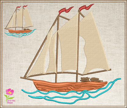 Sailboat Machine Embroidery Design | Schooner on the Ocean Stitch File | Coastal Beach Transportation Pattern | 8 Sizes (0653)