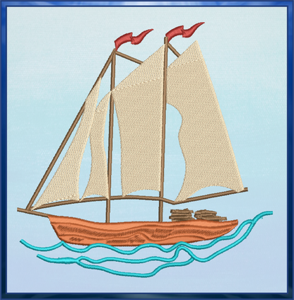 Sailboat Machine Embroidery Design | Schooner on the Ocean Stitch File | Coastal Beach Transportation Pattern | 8 Sizes (0653)