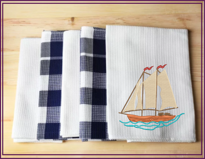 Sailboat Machine Embroidery Design | Schooner on the Ocean Stitch File | Coastal Beach Transportation Pattern | 8 Sizes (0653)