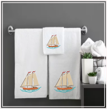 Sailboat Machine Embroidery Design | Schooner on the Ocean Stitch File | Coastal Beach Transportation Pattern | 8 Sizes (0653)