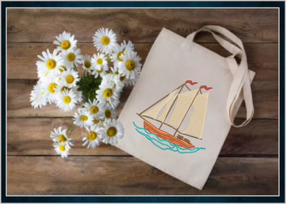 Sailboat Machine Embroidery Design | Schooner on the Ocean Stitch File | Coastal Beach Transportation Pattern | 8 Sizes (0653)