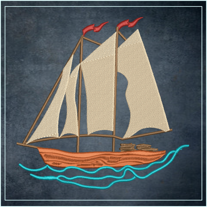 Sailboat Machine Embroidery Design | Schooner on the Ocean Stitch File | Coastal Beach Transportation Pattern | 8 Sizes (0653)