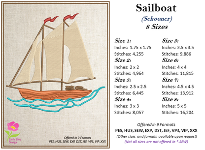 Sailboat Machine Embroidery Design | Schooner on the Ocean Stitch File | Coastal Beach Transportation Pattern | 8 Sizes (0653)