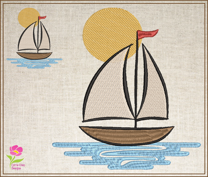Sailboat at Sunset Machine Embroidery Design | Kids Nautical Embroidery Pattern | Baby Bib, Onesie, Towel Design | 6 Sizes (0654)